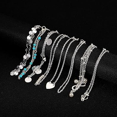 Boho Silver Anklet Set – Adjustable Chain Anklets with Charms (16-Piece Set)